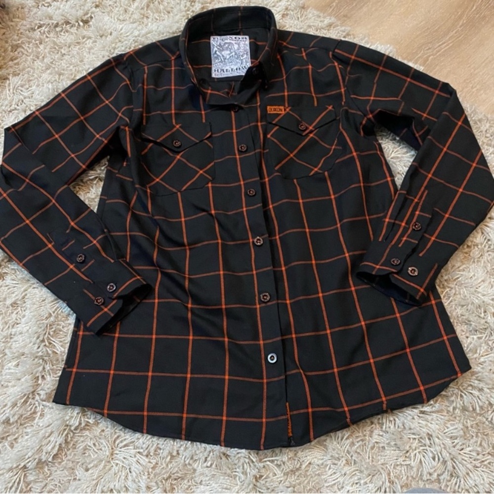 The Hallow orange black plaid Flannel button down shirt Womens large